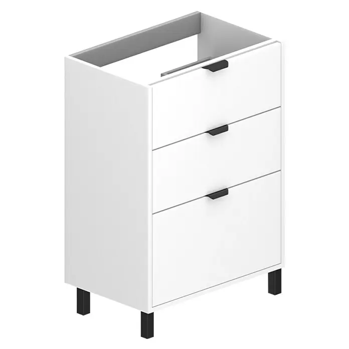 Conjunto de mueble de baño Triana - Ancho total del mueble de baño: 60 cm, Blanco, Mate - Vista del producto de un mueble de baño blanco con tres cajones y tiradores y patas negros.