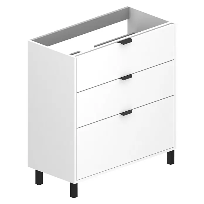Conjunto de mueble de baño Triana - Ancho total del mueble de baño: 80 cm, Blanco, Mate - Mueble de baño blanco moderno con tres cajones y tiradores negros, perfecto para un diseño de baño elegante.