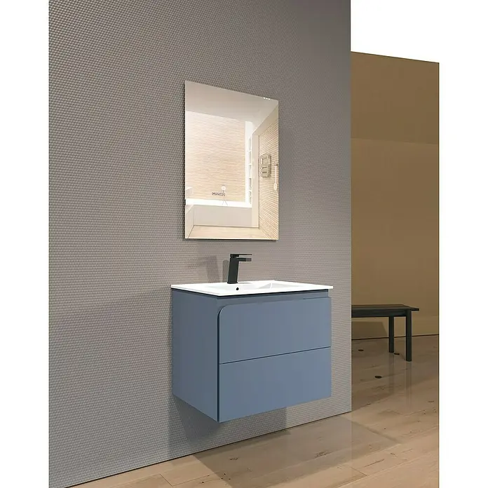 Mueble bajo de lavabo Caracas - L x An x Al: 45 x 60 x 50 cm, Azul - Un elegante tocador de baño con espejo. El mueble tiene un diseño moderno y un color azul. Ideal para un baño con estilo.