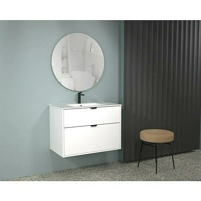 Mueble bajo de lavabo Triana 2C - L x An x Al: 38 x 60 x 56 cm, Blanco - Moderno baño con mueble de lavabo blanco y espejo redondo, complementado con un taburete elegante.