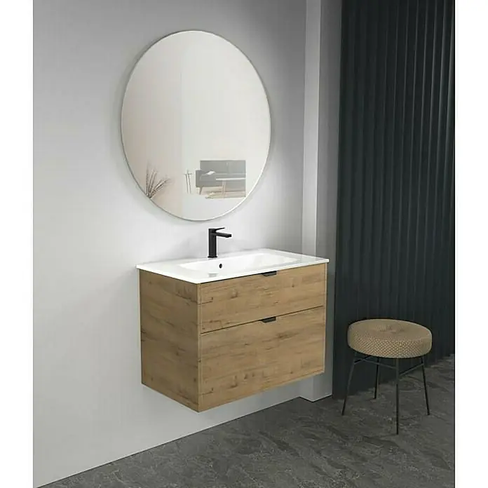 Conjunto de mueble de baño Triana 2C - Ancho total del mueble de baño: 60 cm, Roble - Baño moderno con mueble de lavabo efecto madera, espejo redondo y taburete. Diseño elegante para un baño con estilo.