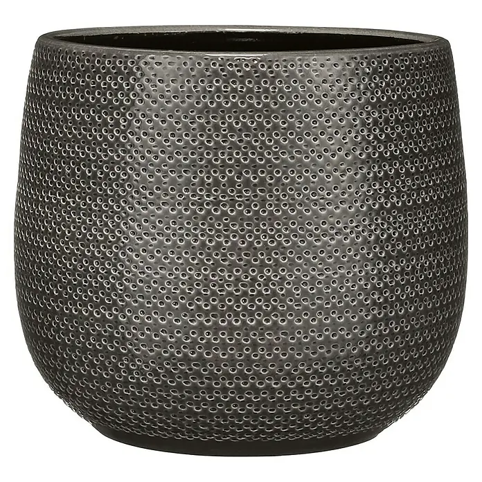 Mica Decorations Cubremaceta redondo Gabriel - Dimensiones externas (Ø x Al): 29 x 25 cm, Antracita, Cerámica - Primer plano de una maceta gris con un diseño punteado único, que añade un toque elegante a cualquier espacio.