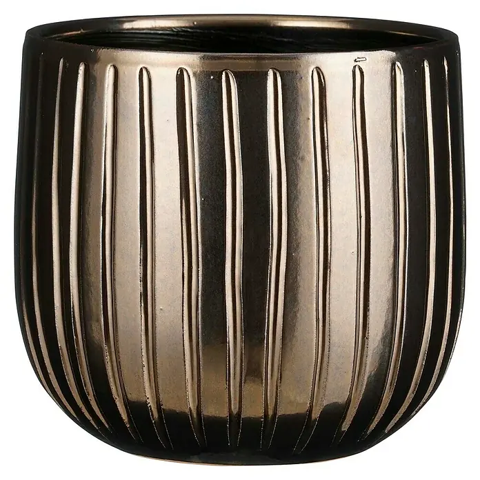 Mica Decorations Übertopf rund Pablo Ribble - Außenmaß (Ø x H): 21 x 19 cm, Bronze, Keramik - Nahaufnahme eines bronzefarbenen Pflanzgefäßes mit vertikalen Rillen, das ein elegantes und modernes Design aufweist.