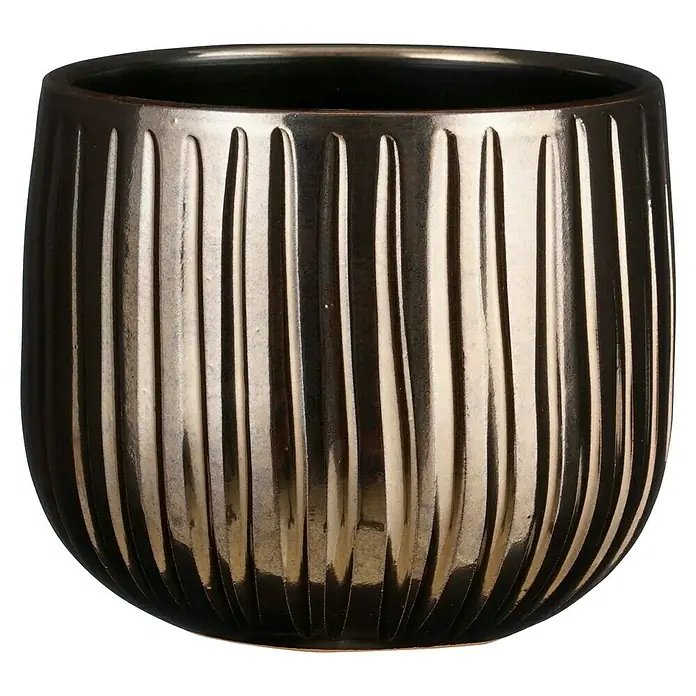 Mica Decorations Übertopf rund Pablo Ribble - Außenmaß (Ø x H): 16 x 14 cm, Bronze, Keramik - Glänzender Pflanztopf in Braun- und Goldtönen mit vertikalen Rillen. Ideal für Zimmerpflanzen und zur Dekoration von Innenräumen.