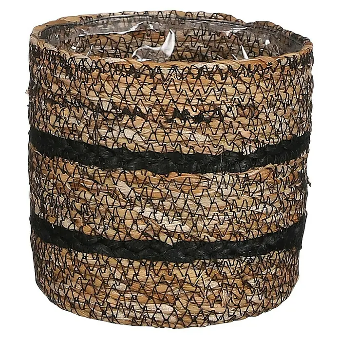Mica Decorations Pflanzkorb Celestial - Außenmaß (Ø x H): 12 x 12 cm, Naturmaterialien, Schwarz - Ein runder Pflanztopf aus geflochtenem Naturmaterial mit schwarzen Akzentstreifen und einer transparenten Innenauskleidung.