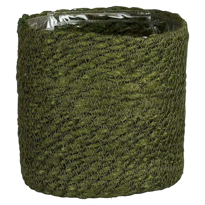 Mica Decorations Pflanzkorb Atlantic - Außenmaß (Ø x H): 14 x 14 cm, Naturmaterialien, Grün - Nahaufnahme eines runden, olivgrünen Übertopfes aus geflochtenem Naturmaterial mit einer transparenten Innenauskleidung. Perfekt für Zimmerpflanzen.