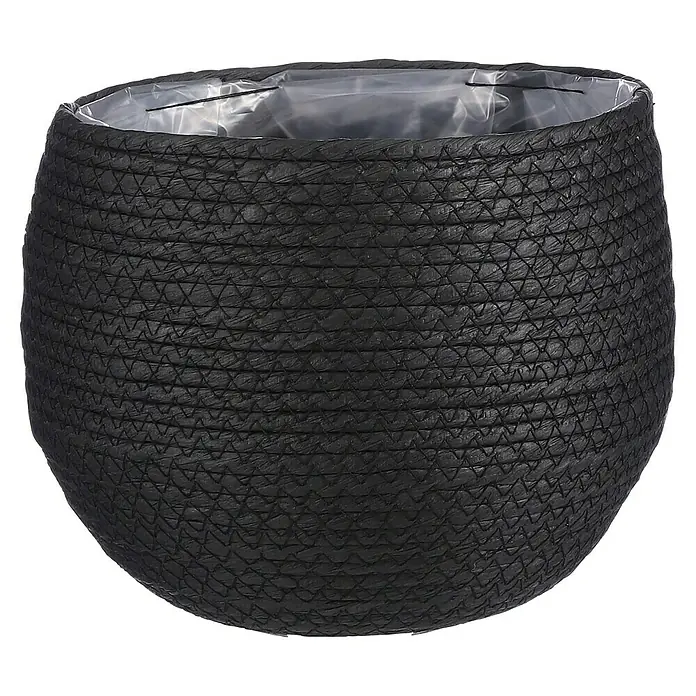 Mica Decorations Pflanzkorb Jorck - Außenmaß (Ø x H): 22 x 19 cm, Schwarz - Nahaufnahme eines schwarzen geflochtenen Übertopfes mit einer transparenten Innenauskleidung, ideal für Zimmerpflanzen und als dekoratives Element.