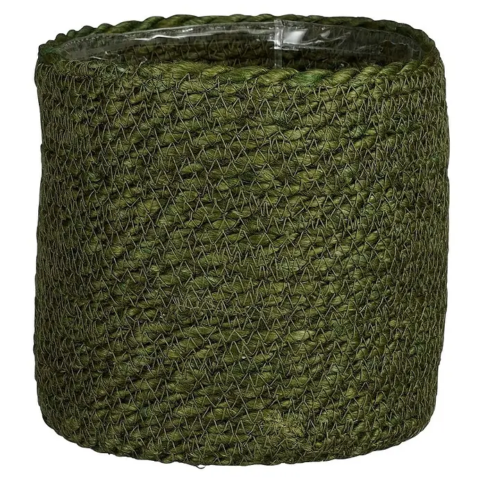 Mica Decorations Pflanzkorb Atlantic - Außenmaß (Ø x H): 16 x 16 cm, Naturmaterialien, Grün - Nahaufnahme eines grünen, runden Blumentopfs aus Jute mit durchsichtigem Einsatz, der die natürliche Textur betont.