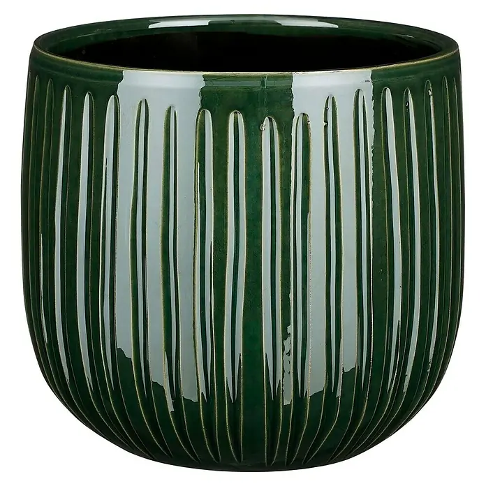 Mica Decorations Übertopf rund Pablo Ribble - Außenmaß (Ø x H): 21 x 19 cm, Dunkelgrün, Keramik - Grüner Topf mit vertikalen Rillen und glänzender Oberfläche. Ideal für Zimmerpflanzen und zur Dekoration von Wohnräumen.