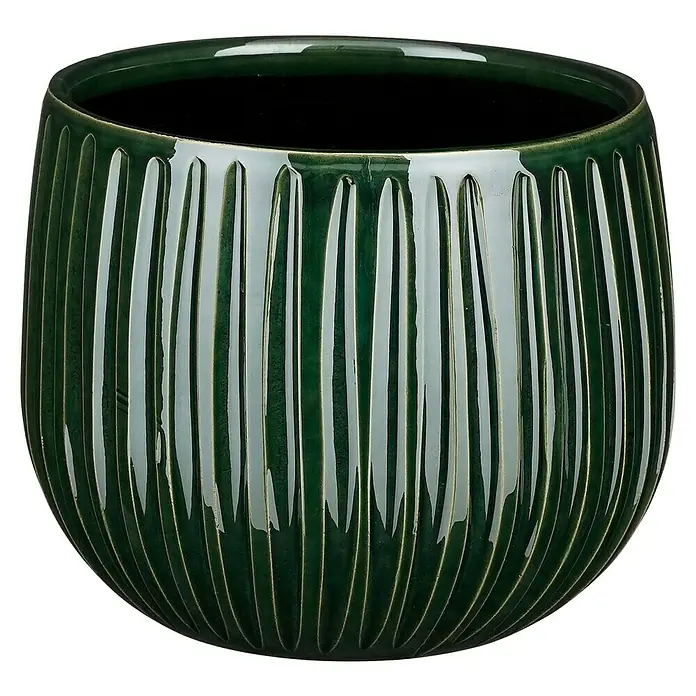 Mica Decorations Übertopf rund Pablo Ribble - Außenmaß (Ø x H): 16 x 14 cm, Dunkelgrün, Keramik - Elegante grüne Blumenvase mit vertikalen Rillen für stilvolle Pflanzenarrangements. Perfekt als Deko-Element für jeden Raum.