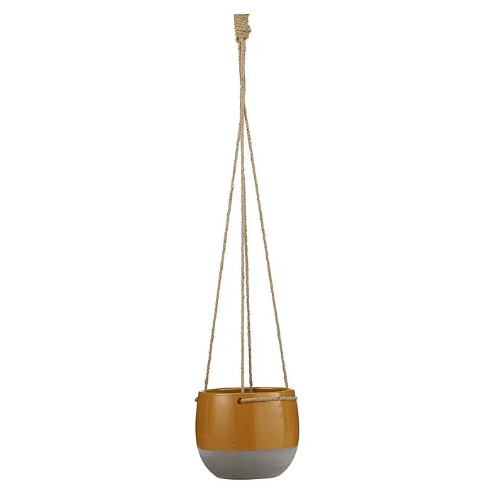 Mica Decorations Blumenampel Resa - Außenmaß (Ø x H): 16,5 x 13,5 cm, Keramik, Ocker - Hängepflanzgefäß mit gelbem Topf und grauem Boden, gehalten von einem robusten Seil. Perfekt für Zimmerpflanzen und zur Dekoration.