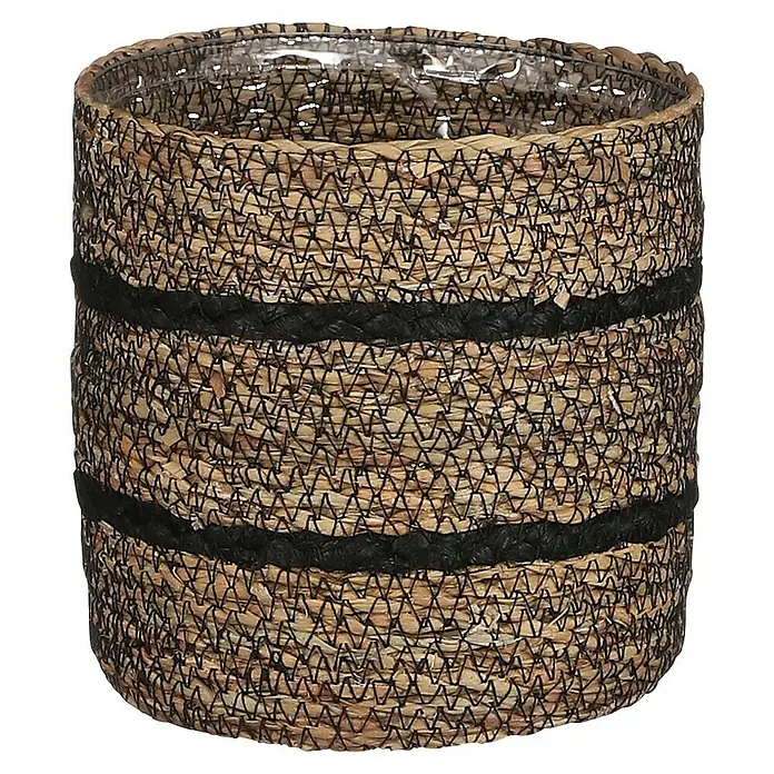 Mica Decorations Pflanzkorb Celestial - Außenmaß (Ø x H): 14 x 14 cm, Naturmaterialien, Schwarz - Hier ist ein runder Übertopf aus Stroh mit schwarzen Akzenten. Der Übertopf ist mit einer Plastikfolie ausgekleidet.