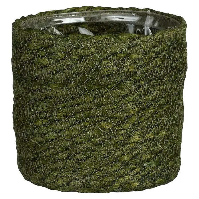 Mica Decorations Pflanzkorb Atlantic - Außenmaß (Ø x H): 12 x 12 cm, Naturmaterialien, Grün - Nahaufnahme eines grünen, gewebten Pflanzgefäßes mit durchsichtigem Kunststoffeinsatz.