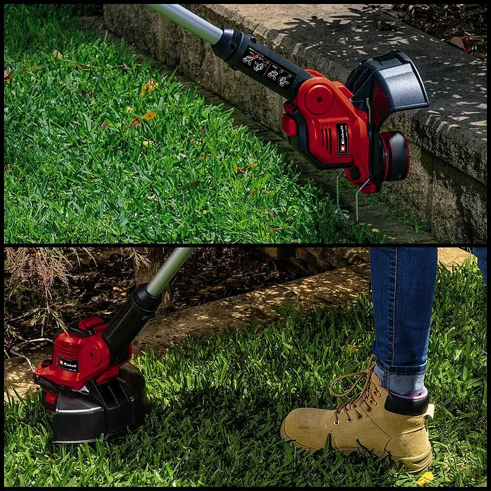 Einhell Power X-Change 18V Akku-Rasentrimmer GE-CT 18/28 Li - 18 V, 2,5 Ah, Li-Ionen, 1 Akku, Schnittbreite Faden: 28 cm - Akku-Rasentrimmer von Einhell im Einsatz, um Rasenflächen präzise zu trimmen.\n
