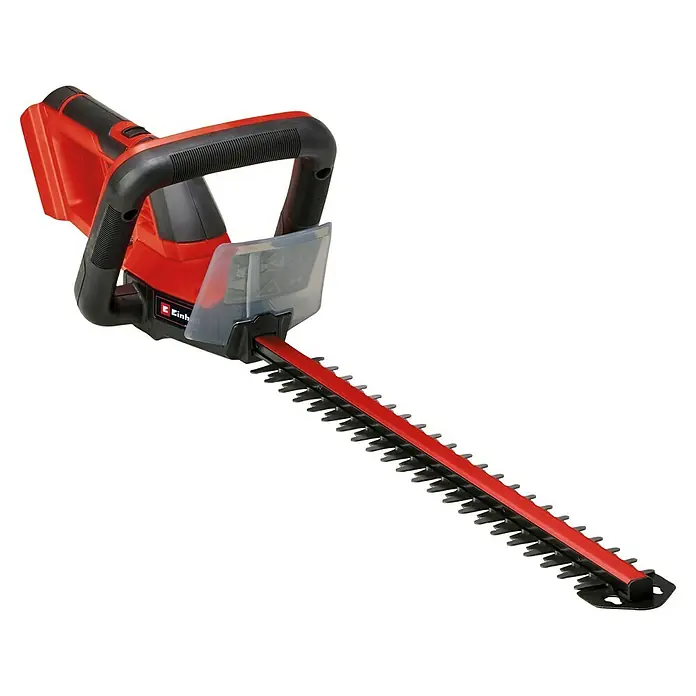 Einhell Power X-Change 18V Akku-Heckenschere GC-CHT 18/45 - 18 V, Li-Ionen, 1 Akku, Schnittlänge: 450 mm - Ein roter Einhell Akku-Heckenschneider mit schwarzen Akzenten und scharfen Klingen, ideal für präzise Gartenarbeit.