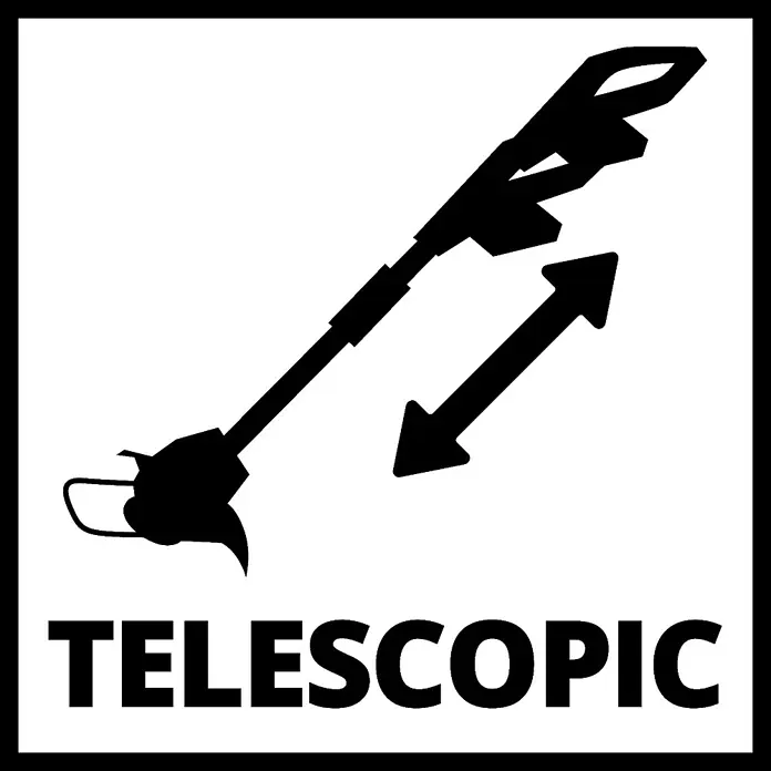 Einhell Power X-Change 18V Akku-Rasentrimmer GE-CT 18/28 Li - 18 V, 2,5 Ah, Li-Ionen, 1 Akku, Schnittbreite Faden: 28 cm - Symbol für eine teleskopierbare Gartenschere, die eine variable Längenanpassung ermöglicht, dargestellt als schwarze Silhouette mit Text.