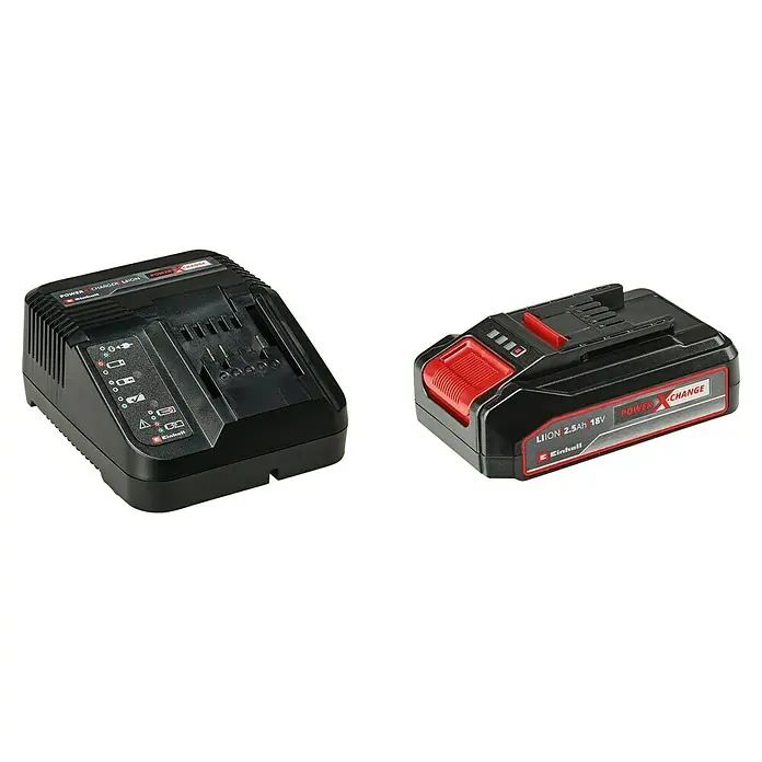 Einhell Power X-Change 18V Akku-Rasentrimmer GE-CT 18/28 Li - 18 V, 2,5 Ah, Li-Ionen, 1 Akku, Schnittbreite Faden: 28 cm - Ein Power X-Change Akku-Ladegerät und ein 18V 2,5Ah Akku der Marke Einhell, ideal für Werkzeuge und Gartengeräte.
