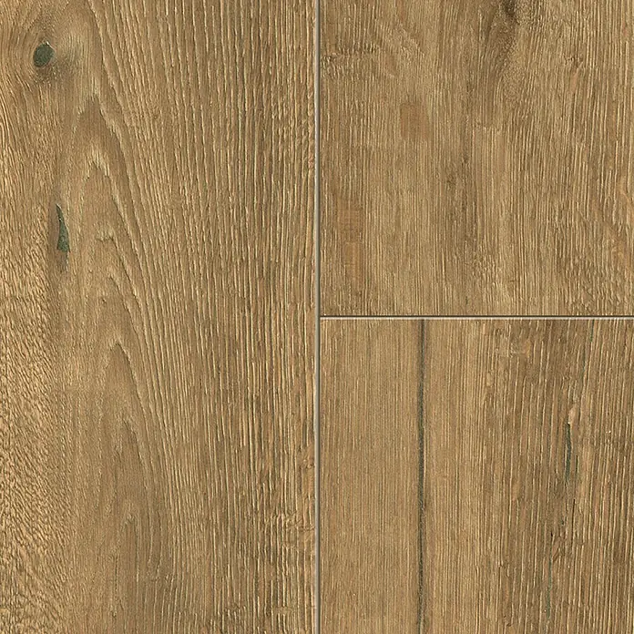 LOGOCLIC Vinylbodenmuster ElementPro Seaflower - 185 x 192 x 4 mm, Landhausdiele - Nahaufnahme von Laminatboden in warmen Brauntönen, der eine natürliche Holzmaserung und Paneelstruktur zeigt.