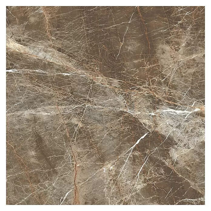 Feinsteinzeugfliese Perla - 60 x 60 cm, Braun, Glänzend - Braun-graue Marmor-Optik-Fliese mit feinen weißen und goldenen Äderungen für elegante Oberflächen.