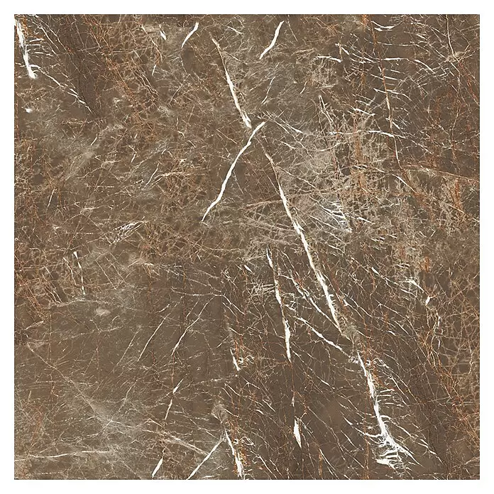 Feinsteinzeugfliese Perla - 60 x 60 cm, Braun, Glänzend - Braune Marmorfliese mit auffälligen weißen und kupferfarbenen Adern, geeignet für elegante Oberflächen.