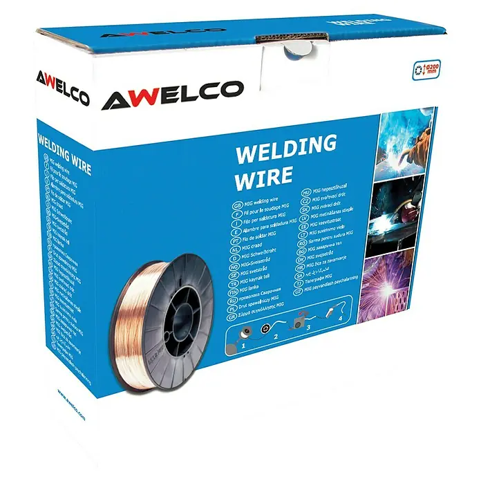 Awelco Hilo de soldadura - Aluminio, Diámetro: 1 mm, 2 kg - La imagen muestra un embalaje de hilo de soldadura AWECLO. El paquete es azul y blanco y muestra una bobina de hilo y ejemplos de uso.