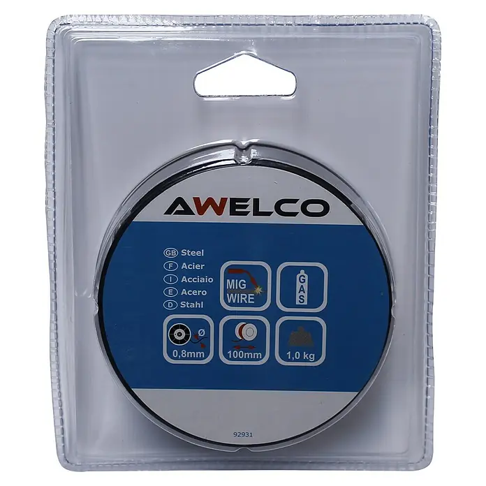 Awelco Hilo de soldadura SG2 - Diámetro: 0,8 mm, 1 kg - Primer plano de una bobina de alambre de soldadura AWELCO MIG en un embalaje transparente, ideal para proyectos de soldadura.