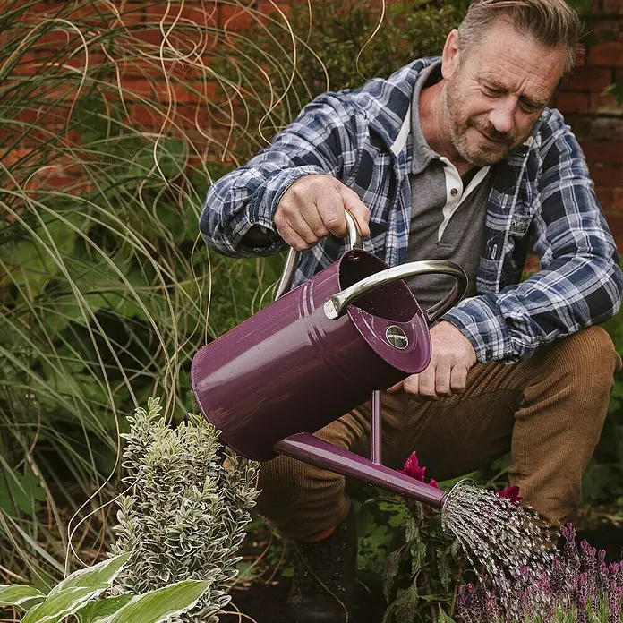 Kent & Stowe Gießkanne - Violett, 4,5 l - Ein Mann gießt Blumen mit einer eleganten auberginefarbenen Burgon & Ball Gießkanne in seinem Garten.
