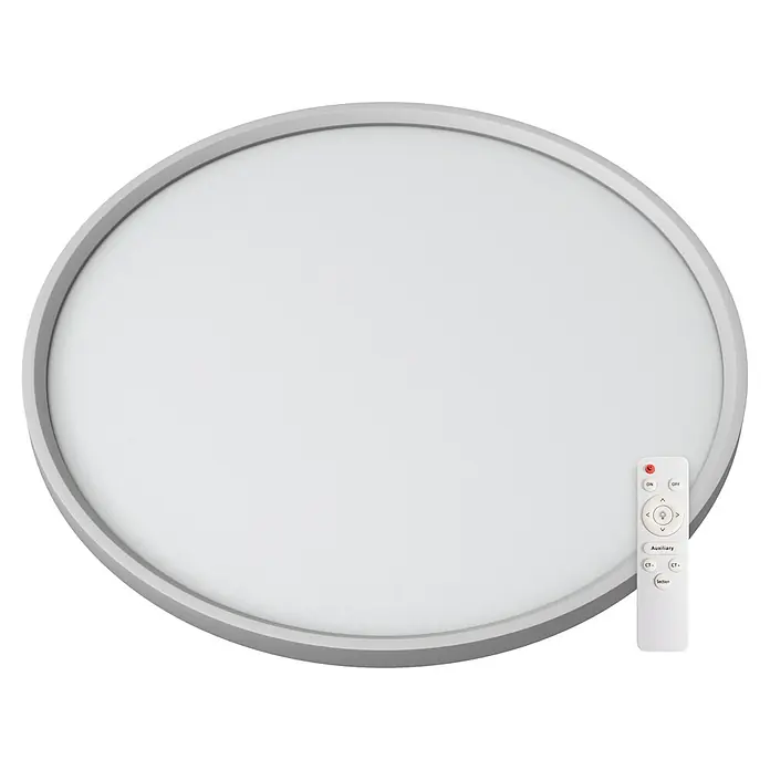 Alverlamp Foco downlight de superficie LED con mando - Blanco cálido - Primer plano de una moderna lámpara de techo LED redonda con un mando a distancia para controlar el brillo y la temperatura de color.