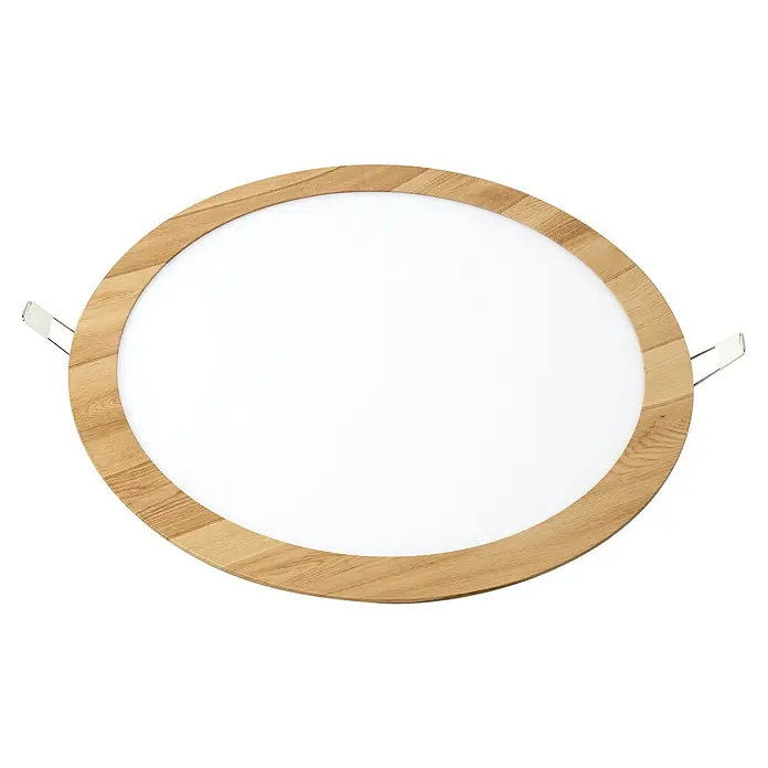 Alverlamp Downlight empotrable LED redondo Nordic - 30 W, Madera, Ø x Al: 29,5 cm x 15 mm, Blanco Neutro - Foco empotrable con marco de madera. El plafón de techo es redondo, con una superficie de iluminación blanca y difusa y un marco de madera clara.