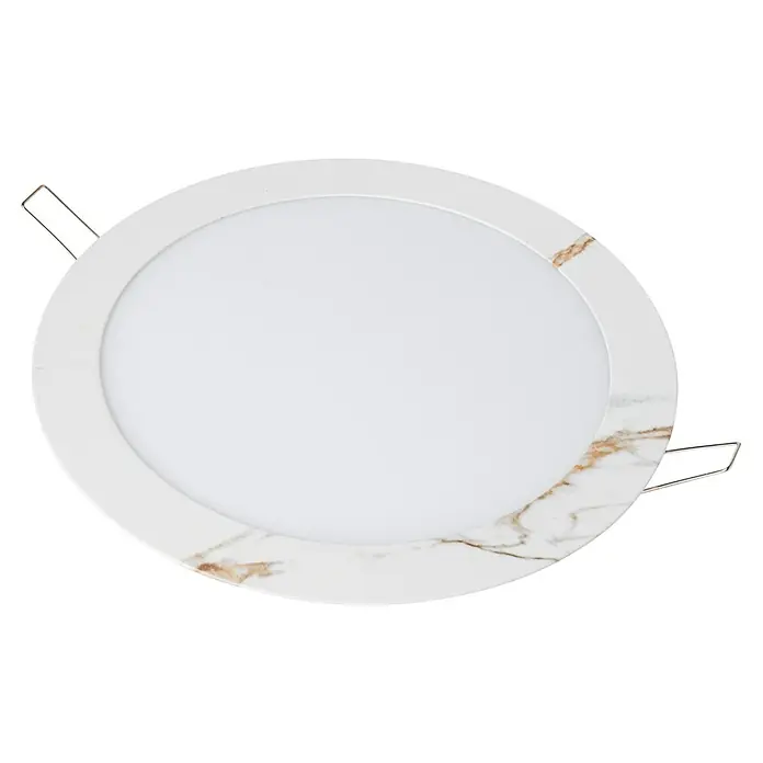 Alverlamp Downlight empotrable LED redondo mármol - Ø x Al: 22 cm x 15 mm, Blanco, Blanco neutro - Primer plano de una lámpara de techo LED redonda con un borde blanco con diseño de mármol y clips de montaje para facilitar la instalación.