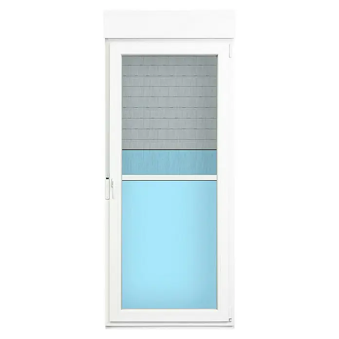 Balconera de PVC practicable - 90 x 218 cm, Derecha, Blanco, Con persiana de PVC y mosquitera - Ventana blanca con persiana enrollable parcialmente bajada para privacidad y sombra, ideal para espacios habitables.