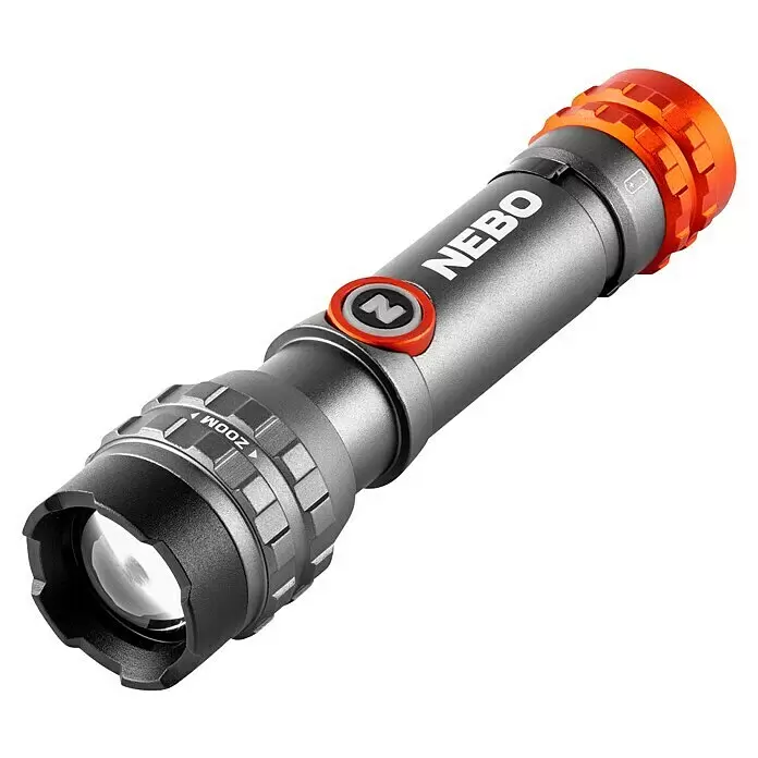 Nebo Tools Linterna Da Vinci - Blanco neutro - Linterna Nebo de cuerpo metálico gris con botón de encendido y tapa trasera naranjas. Incluye anillo de zoom.