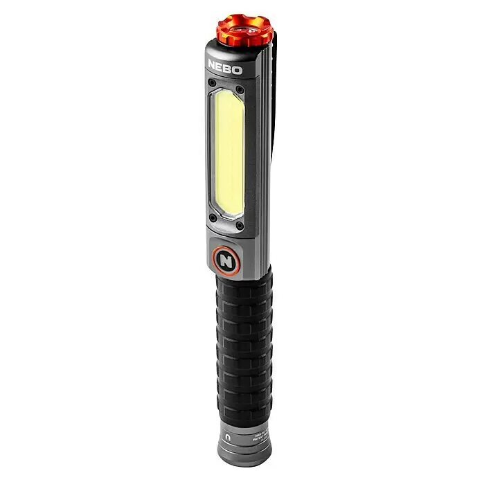 Nebo Tools Linterna Big Larry Pro+ - IPX7 - Luz de trabajo NEBO gris y negra con panel lateral LED rectangular, linterna superior con tapa roja, agarre texturizado y base magnética.