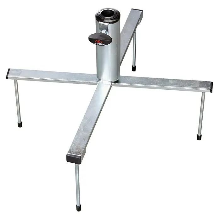 Doppler Rasendorn - Für Rohrdurchmesser: 25 mm - 38 mm, Stahl - Nahaufnahme eines Doppler-Sonnenschirmständers aus Metall mit schwarzem Griff auf schwarzem Hintergrund.