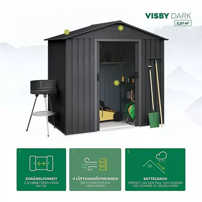 Hoggar Gerätehaus Visby - Außenmaß inkl. Dachüberstand (B x T): 196 x 131 cm, Anthrazit, Stahl, Grundfläche: 2,57 m² - Dunkelgraues Gartenhaus Visby Dark (2,57 m²) mit Schiebetüren, Belüftung und Satteldach.