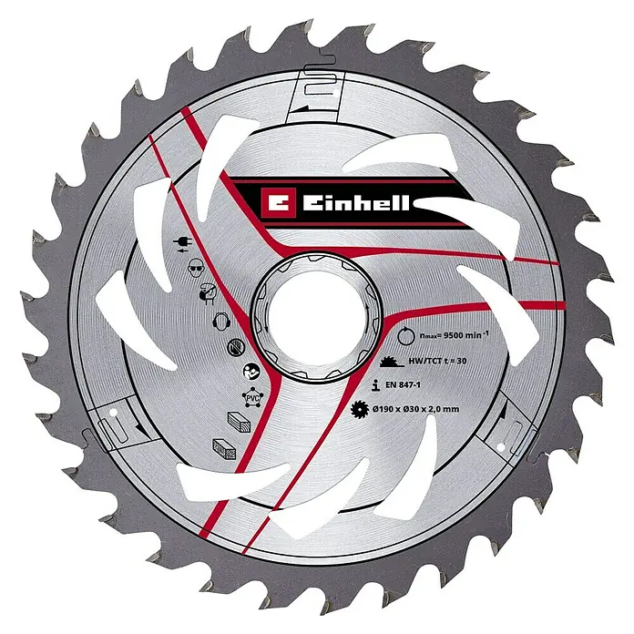 Einhell Kreissägeblatt - 190 mm, Bohrung: 30 mm, Anzahl Zähne: 30 Stk. - Ein Einhell Kreissägeblatt mit Hartmetallzähnen, geeignet für Holz und Kunststoffe, Durchmesser 190 mm.