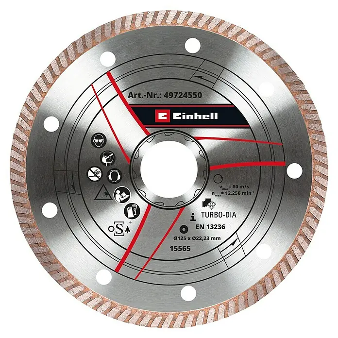 Einhell Diamant-Trennscheibe - Geeignet für: Fliesen, Durchmesser Scheibe: 125 mm, Stärke Scheibe: 1,2 mm - Ein Einhell Turbo-DIA Diamanttrennscheibe. Ideal zum Schneiden von harten Materialien wie Fliesen, Keramik und Stein. Durchmesser: 125 mm.
