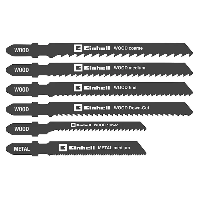 Einhell Stichsägeblatt-Set - 10 -tlg., T-Schaft - Das Bild zeigt verschiedene Einhell Stichsägeblätter für Holz- und Metallarbeiten in verschiedenen Ausführungen.