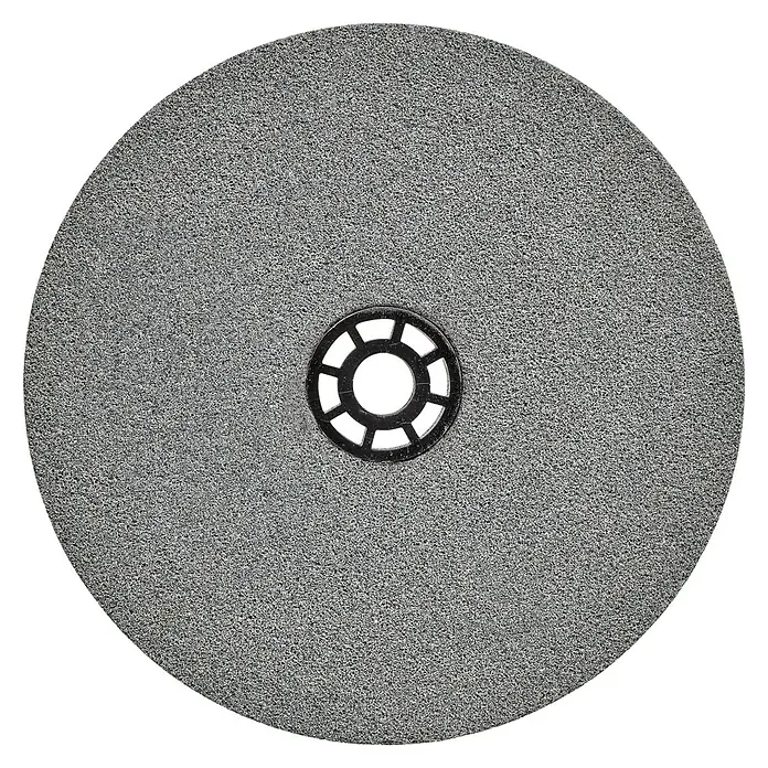 Einhell Schleifscheibe - Durchmesser: 150 mm, Körnung: 60, Stärke: 20 mm, Durchmesser Bohrung: 32 mm - Nahaufnahme einer Schleifscheibe mit einer körnigen Oberfläche und einer schwarzen Nabe in der Mitte.