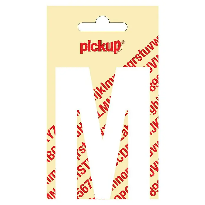 Pickup Aufkleber - Motiv: M, Weiß, Höhe: 90 mm - Ein Paket mit "Pickup"-Buchstabenaufklebern, bei dem der Buchstabe "M" ausgeschnitten ist und darunter andere Buchstaben sichtbar sind.