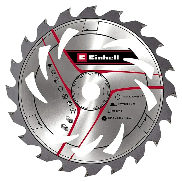Einhell Kreissägeblatt - 150 mm, Bohrung: 16 mm, Anzahl Zähne: 20 Stk. - Ein detailreiches Bild eines Einhell Kreissägeblatts, das die Marke, Spezifikationen und Sicherheitsinformationen hervorhebt.