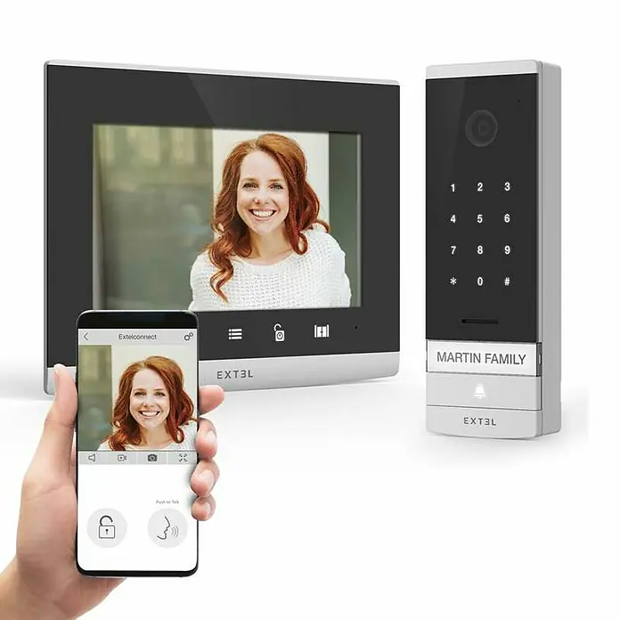 Extel Farb-Video-Türsprechanlage Code Connect - 2-Draht-Technik, Bildschirmgröße: 7 ", 1.296 x 732 Pixel, Smarte Steuerung: Extel Connect - Das Extel Video-Türsprechanlagen-Set mit Monitor, digitalem Tastenfeld und Smartphone-Steuerung bietet Sicherheit und Komfort für Ihr Zuhause.