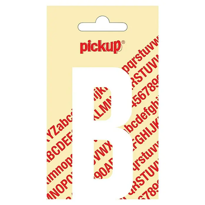 Pickup Aufkleber - Motiv: B, Weiß, Höhe: 90 mm - Aufkleber "Pickup" mit dem Buchstaben B als Aussparung, umgeben von roten Alphabeten und Zahlen auf beigem Grund.