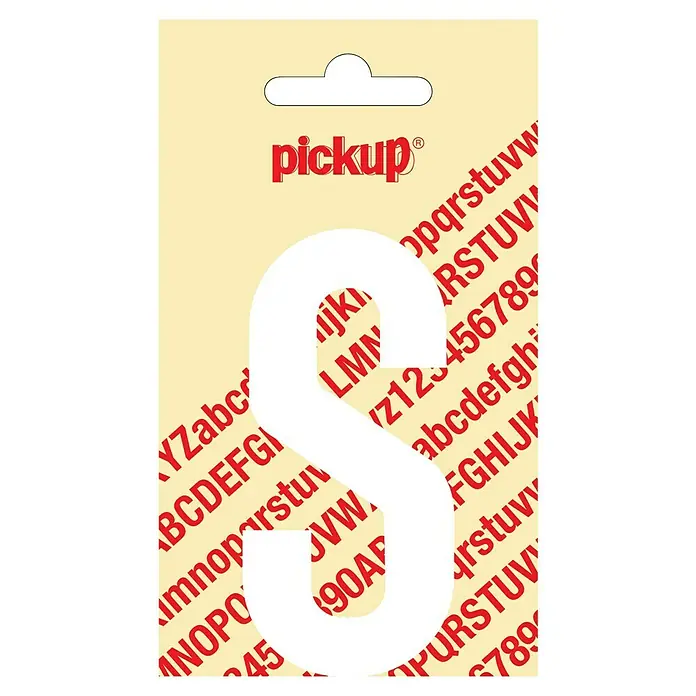 Pickup Aufkleber - Motiv: S, Weiß, Höhe: 90 mm - Die "Pickup"-Einzelverpackung mit Aufhänger, auf der ein großes, weißes "S" vor rotem Buchstabenhintergrund prangt.