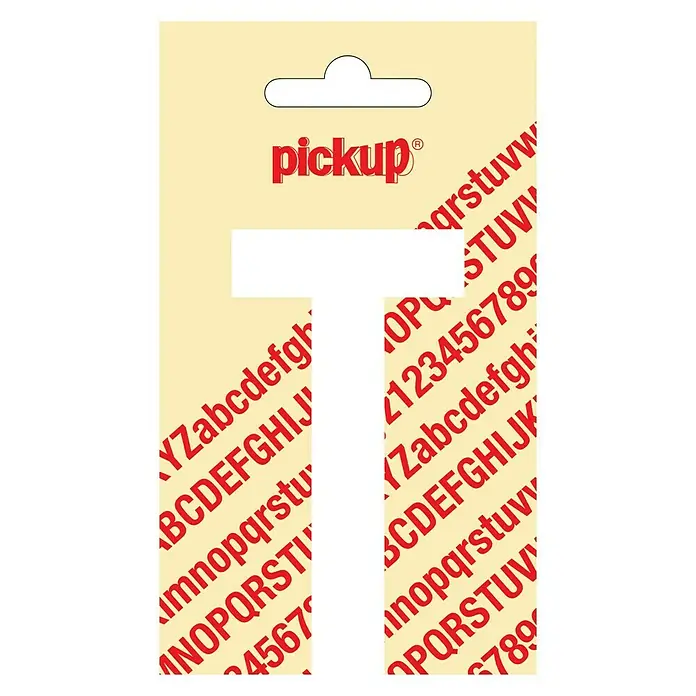 Pickup Aufkleber - Motiv: T, Weiß, Höhe: 90 mm - Aufkleberbogen von Pickup mit rotem Alphabet und Zahlen auf beigem Hintergrund, ideal zum Beschriften und Dekorieren.