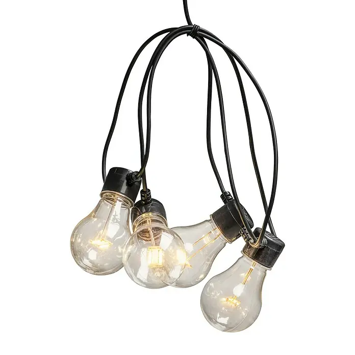 Konstsmide LED-Lichterkette - Außen, 5 m, Lichtfarbe: Warmweiß, Batteriebetrieben - Hängende Lichterkette mit vier Glühbirnen und schwarzem Kabel für eine gemütliche Atmosphäre.
