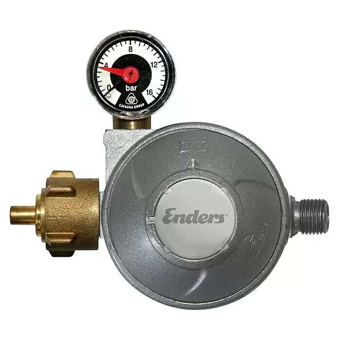 Enders Gasdruckregler mit Anzeige - 50 mbar, 1,5 kg/h - Silberner und messingfarbener Gasdruckregler mit integriertem Manometer, der den Gasdruck in bar anzeigt.