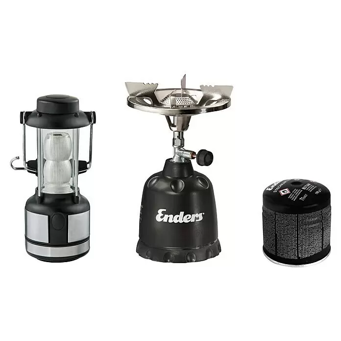 Enders Camping-Set - 3 -tlg. - Schwarze und silberne Campinglaterne, tragbarer Enders Gaskocher und eine Gaskartusche für Outdoor-Kochen und Beleuchtung.