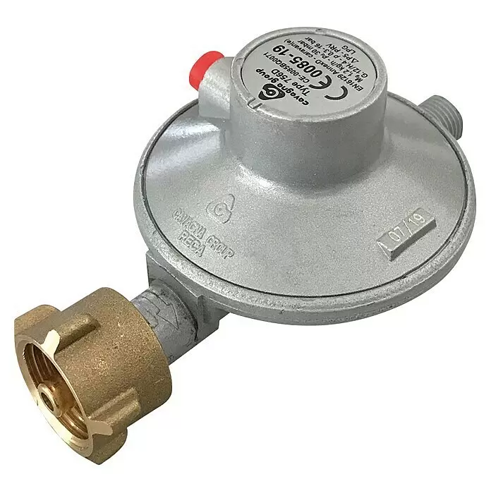 Enders Gasdruckregler - 30 mbar, 1,2 kg/h - Silberner LPG-Gasdruckregler mit Messinganschluss und roter Sicherheitskappe.