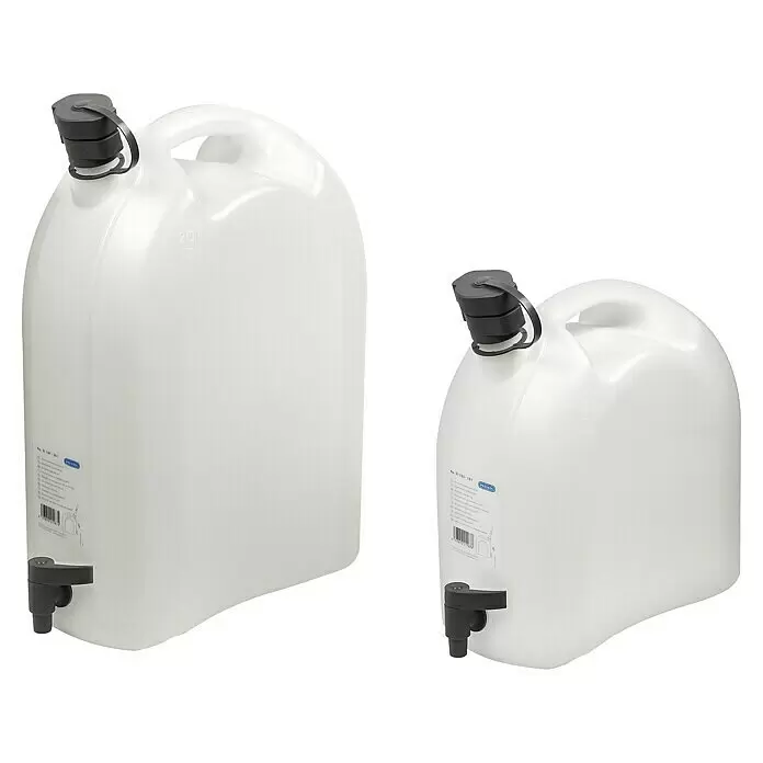 Enders Wasserkanister mit Hahn und Gießtülle - Auslaufhahn, 20 l - Zwei weiße Kunststoff-Wasserkanister mit schwarzen Hähnen und Verschlüssen nebeneinander.